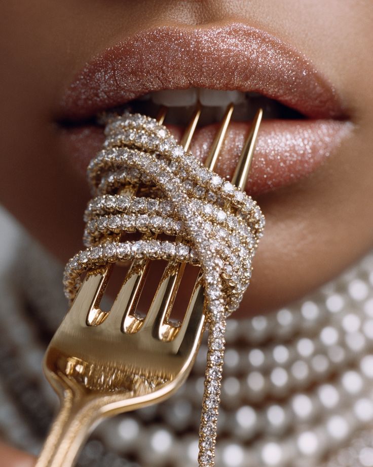 A diamond necklace wound on a fork at glossy lips